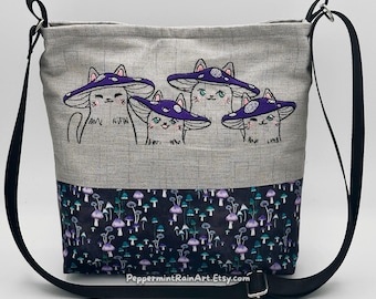 Handmade Embroidered Mushroom Cat Purse: Cottagecore Adjustable Tote