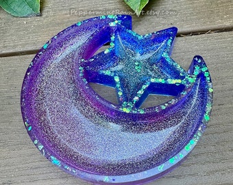 Holographic Glitter Pink Purple Blue Star and Moon Resin Trinket Tray 6x6x1 Inches