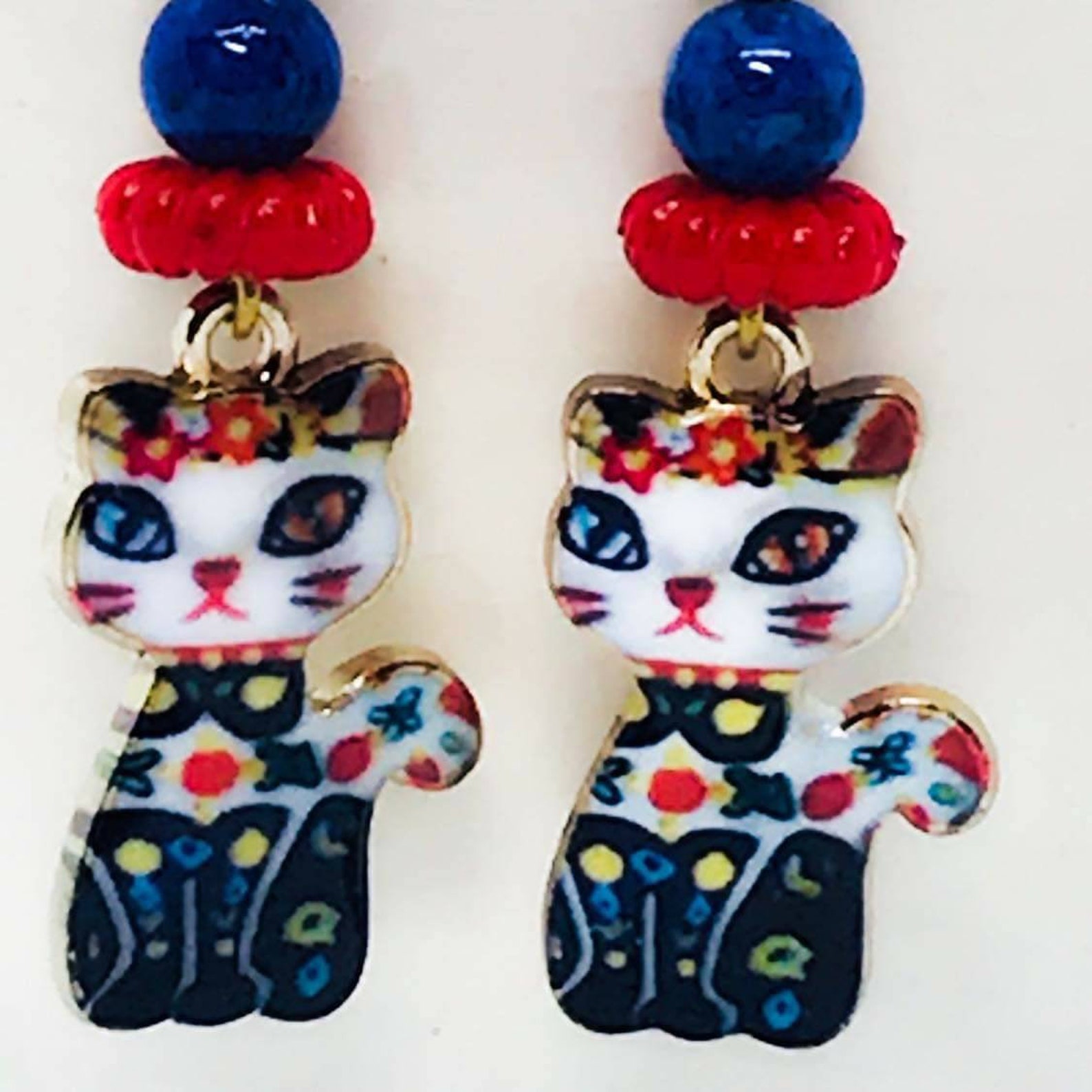 Cat Earrings Enameled Cat Earrings Cat Lover Gift Dangle Etsy UK