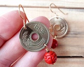 Asian-inspired Brass Coin Cinnabar Dangle Earrings
