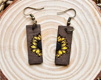 Sunflower Earrings, Flora Earrings, Handmade earrings, Natura earrings, Wooden Earrings Womens Stud Earrings Gift by RobinVally Studio