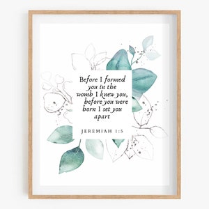 Jeremiasz 1:5 Zanim cię ukształtowałem, werset biblijny, neutralna sztuka ścienna do pokoju dziecięcego, chrześcijański neutralny prezent na baby shower, wystrój pokoju dziecięcego
