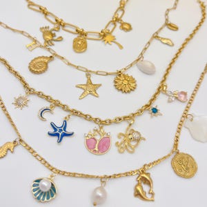 Crea tu propio collar con dijes/Joyas personalizadas/Dijes de circonita/Dijes de letras/Dijes de perlas de verano/Dijes chapados en oro de 18 k múltiples/Regalo para ella