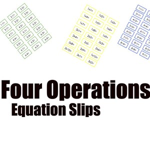 Peut inclure: L'image présente quatre ensembles de fiches d'équations en rouge, vert, jaune et bleu. Chaque fiche contient des problèmes mathématiques simples comme l'addition et la multiplication. Le texte "The Four Operations Equation Slips" est affiché en gras, en noir.