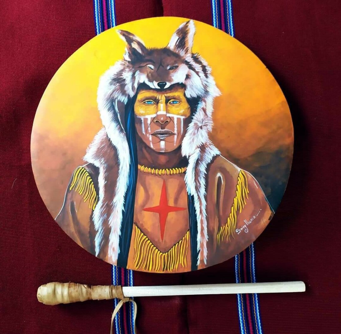 Hand painted drum Native Warrior art music pow wow Indian Etsy