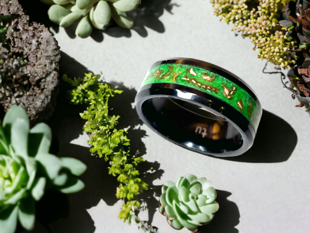 Black Tungsten Glow Ring With Inlay Copper Shavings Etsy