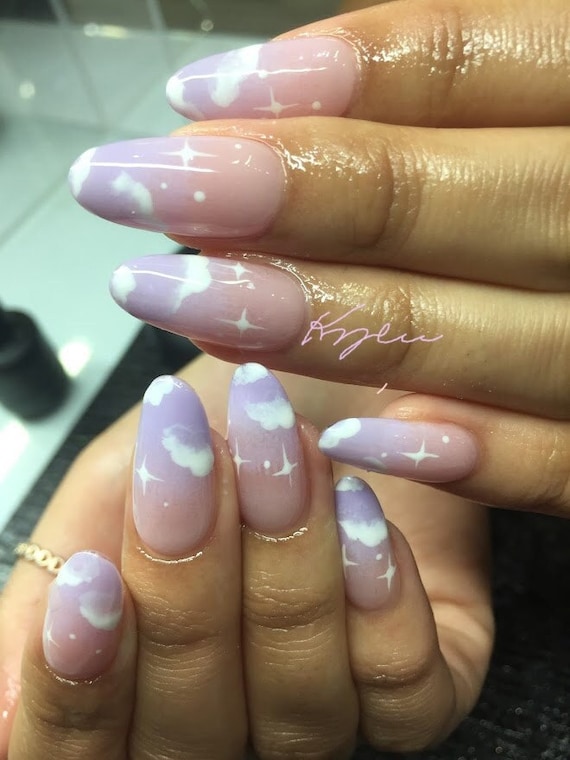 Purple Ombre Cloud Nails almond Nails luxury Nails crystal Fake