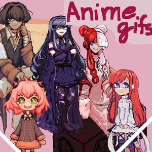 May include: A group of five anime characters, including a girl with pink hair and a brown dress, a girl with long black hair and a purple dress, a girl with red hair and a white dress, a girl with red hair and a white dress, and a boy with brown hair and a brown coat. The characters are standing in front of a pink background with the text "Anime Gifts" in white letters.