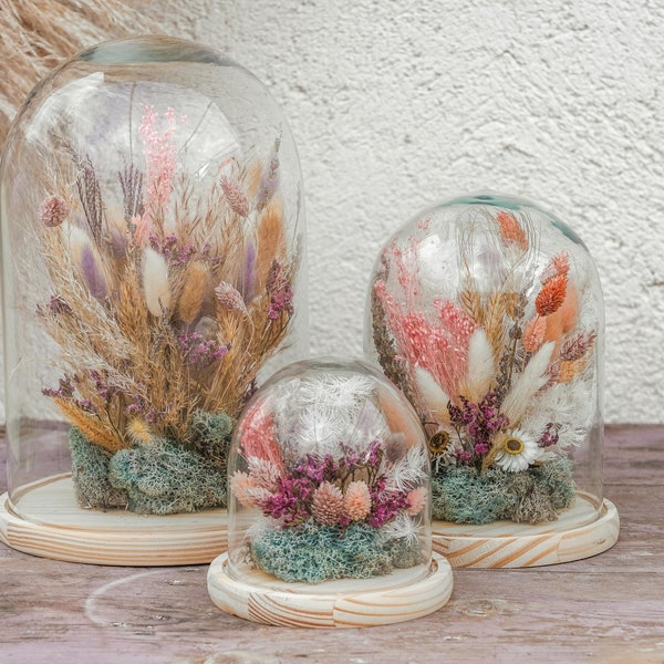 Dôme en verre fleurs séchées | Cloche en verre | fleurs séchées | décoration intérieure | idées cadeaux | compositions de fleurs séchées|cloche| rustique | décor bohème