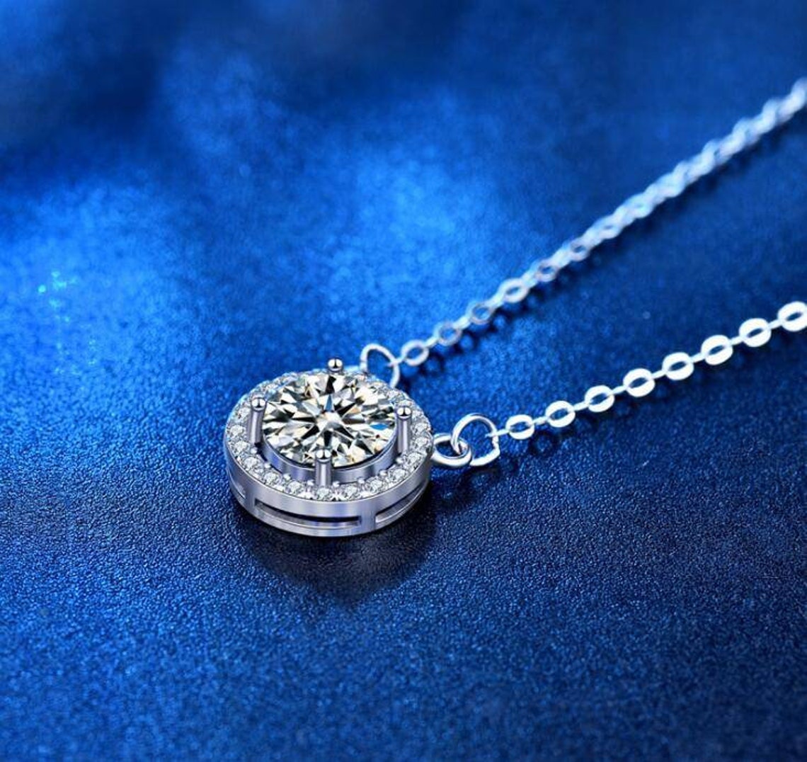 Sterling Silver Necklace 1ct Moissanite Round Pendant Necklace Etsy