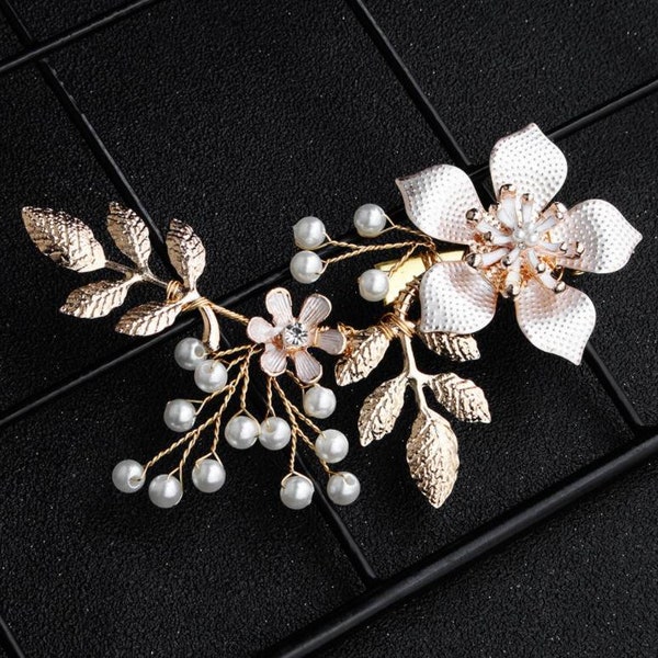 Alloy Flower Handmade Pearl Leaf Hairpin Bridal Side Clip Wedding Dress Headgear Accessories Wedding Barrettes Bride Hairpin Girls Headdress