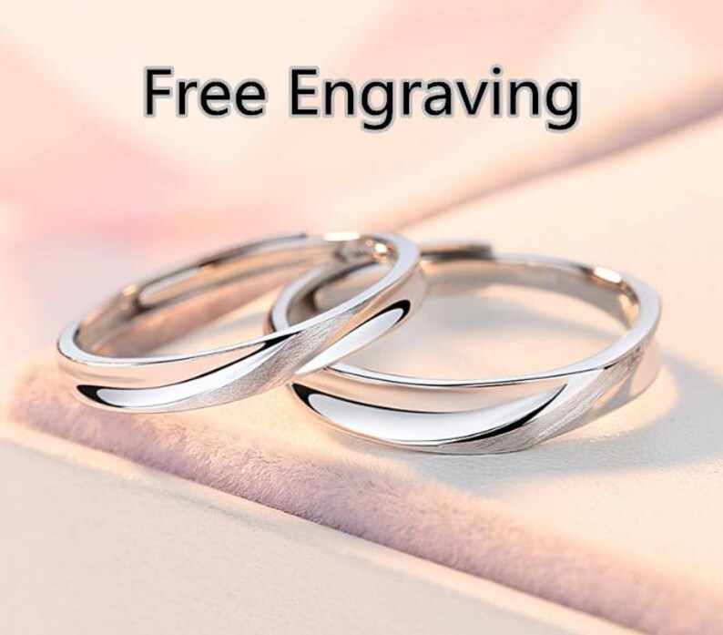 Free Custom Engraving Adjustable Couple Ring Set 925 Sterling Silver ...