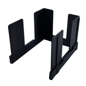 May include: A black, geometric organizer with a rectangular base and vertical dividers. The organizer is made of a solid, matte material and is designed to hold items upright. The design is simple and modern, suitable for various organizational needs.