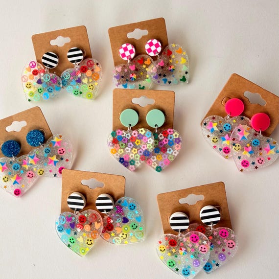Resin Heart Earrings with Post Tops