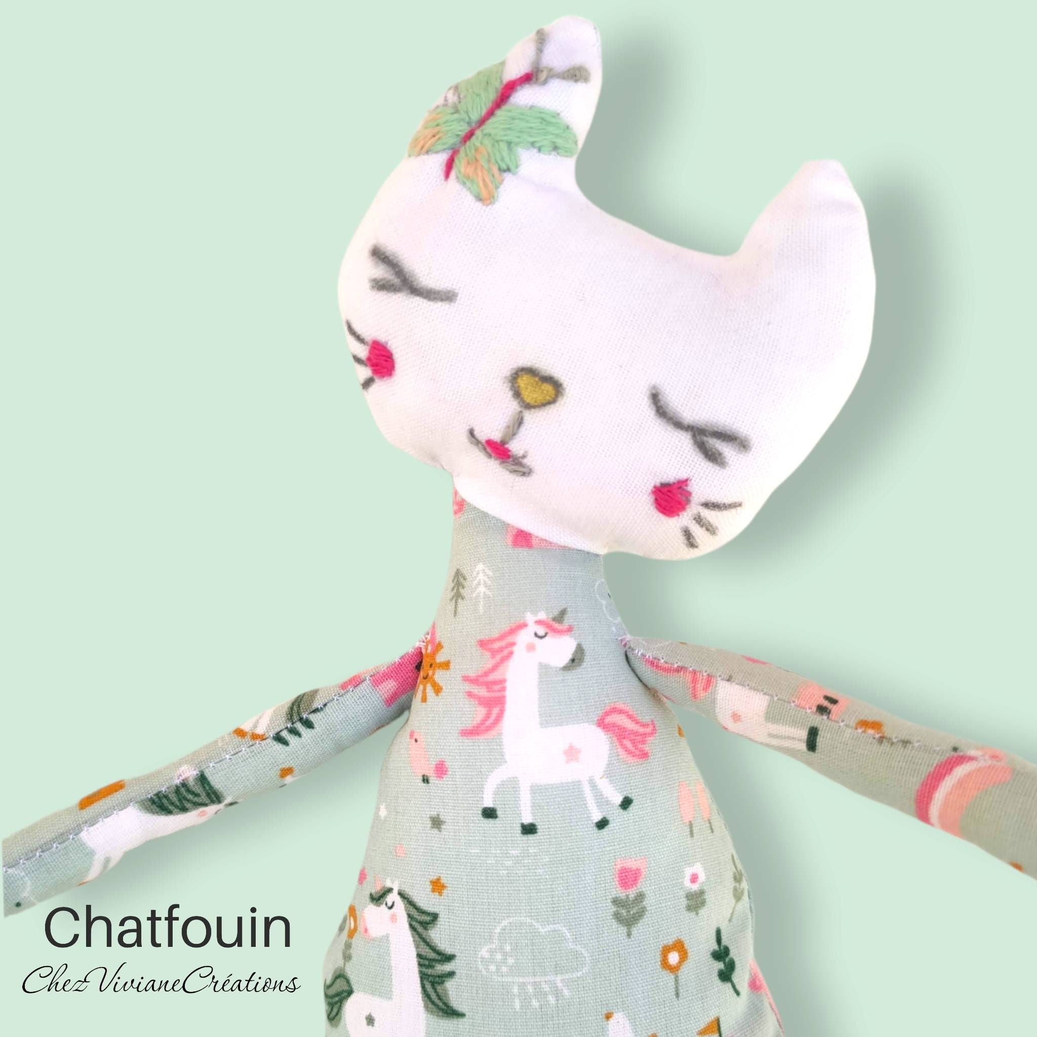 Rag Doll Cat Poupée Chiffon Chat de La Collection Les Chatfouins Fait Main Hand Made Jouet Doudou 32