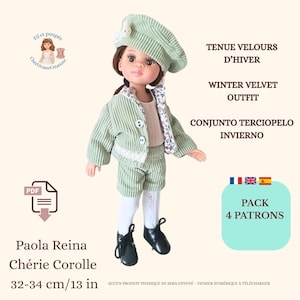 May include: A doll wearing a mint green velvet outfit, including a jacket, shorts, and beret. The outfit is trimmed with white lace and paired with black shoes. The doll is 13 inches tall. Text on the image reads "Winter Velvet Outfit" and "Pack 4 Patterns."