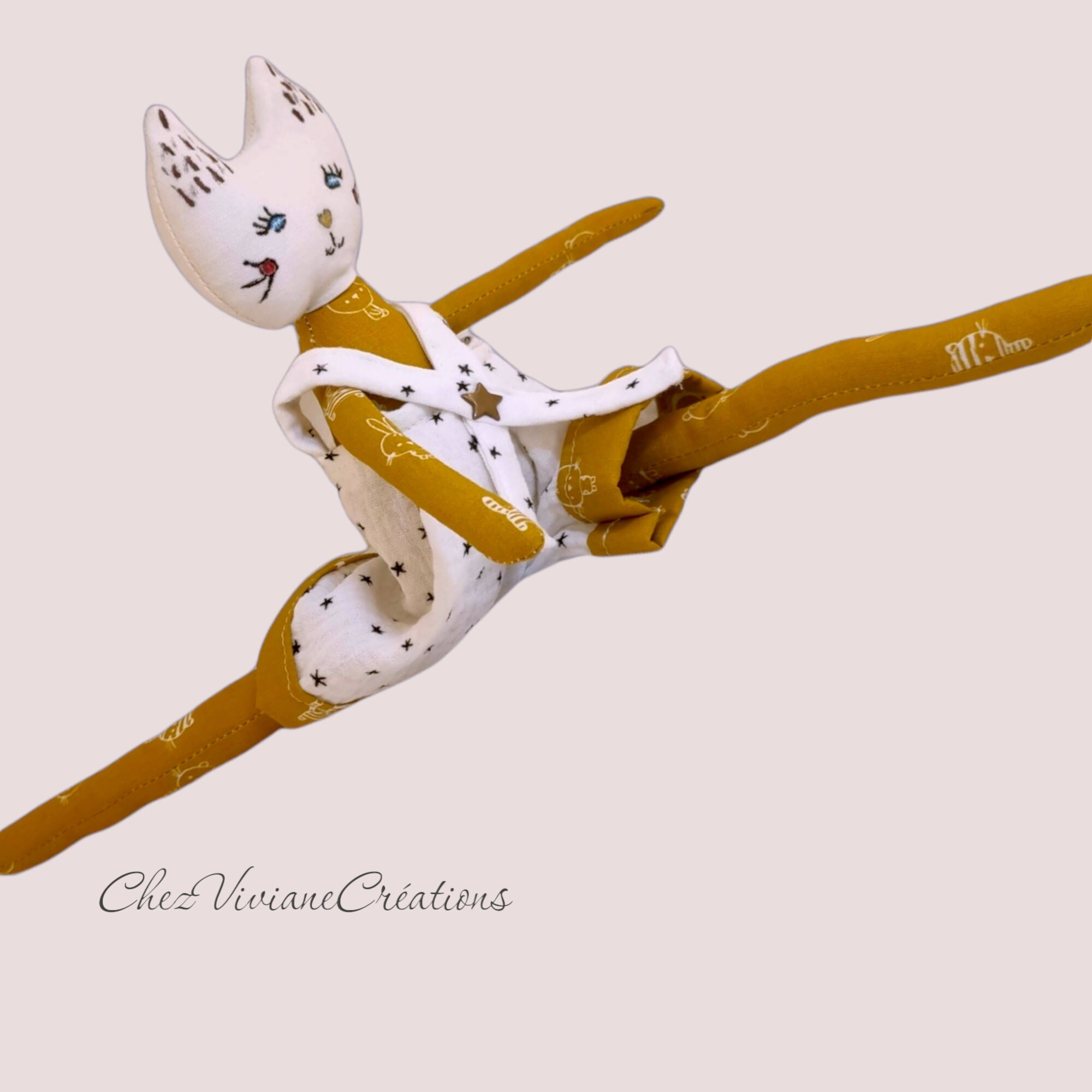 Rag Doll Cat Poupée Chiffon Chat de La Collection Les Chatfouins Fait Main Hand Made Jouet Doudou 32