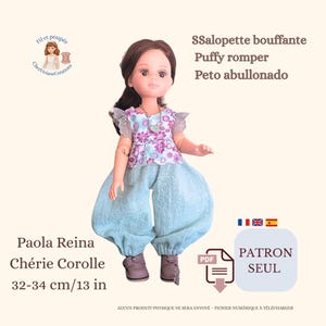 Patrón en PDF solamente - Francés y español - Peto abullonado para muñecas de 32-34 cm - Paola Reina, Corolle Chéries - Sin tutorial