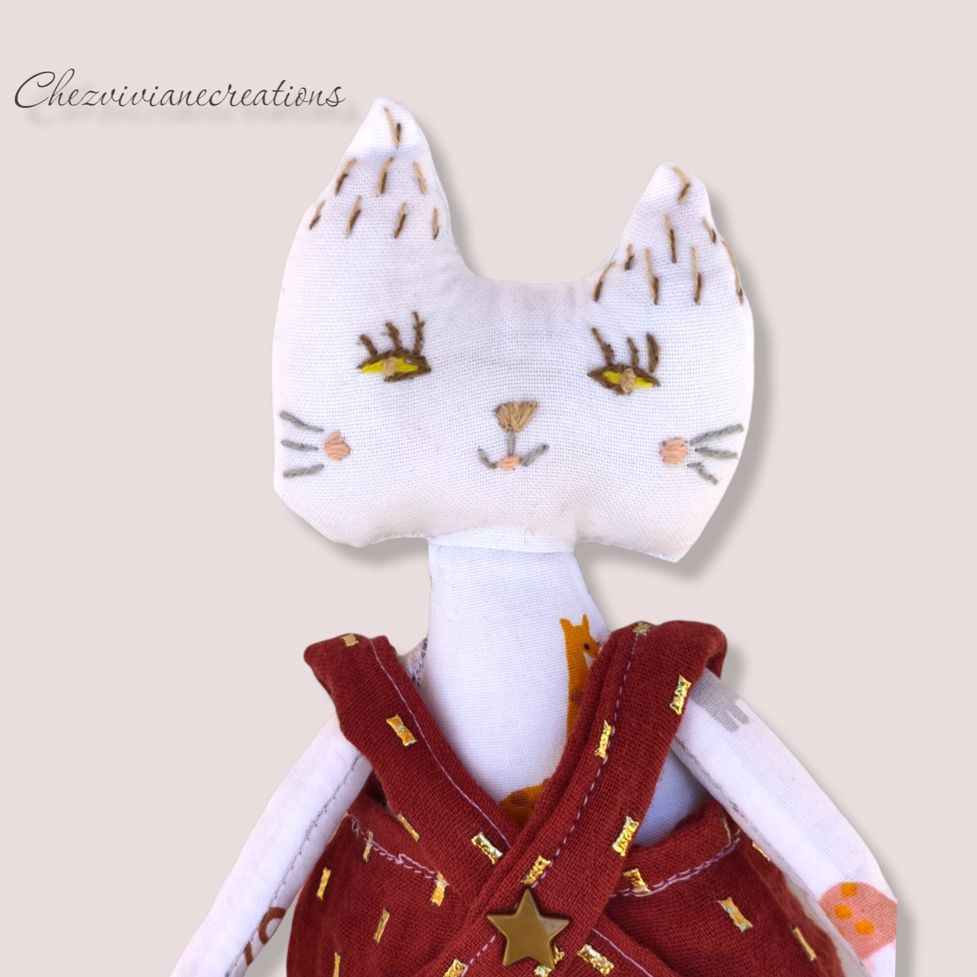 Rag Doll Cat Poupée Chiffon Chat de La Collection Les Chatfouins Fait Main Hand Made Jouet Doudou 32