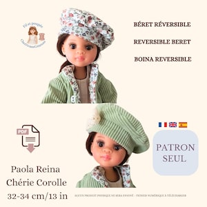 Peut inclure: Une poupée portant un béret réversible et une veste en velours côtelé verte. Le béret est floral d'un côté et vert de l'autre. La poupée mesure 33 cm. Le texte indique "BÉRET RÉVERSIBLE" et "PATRON SEUL".