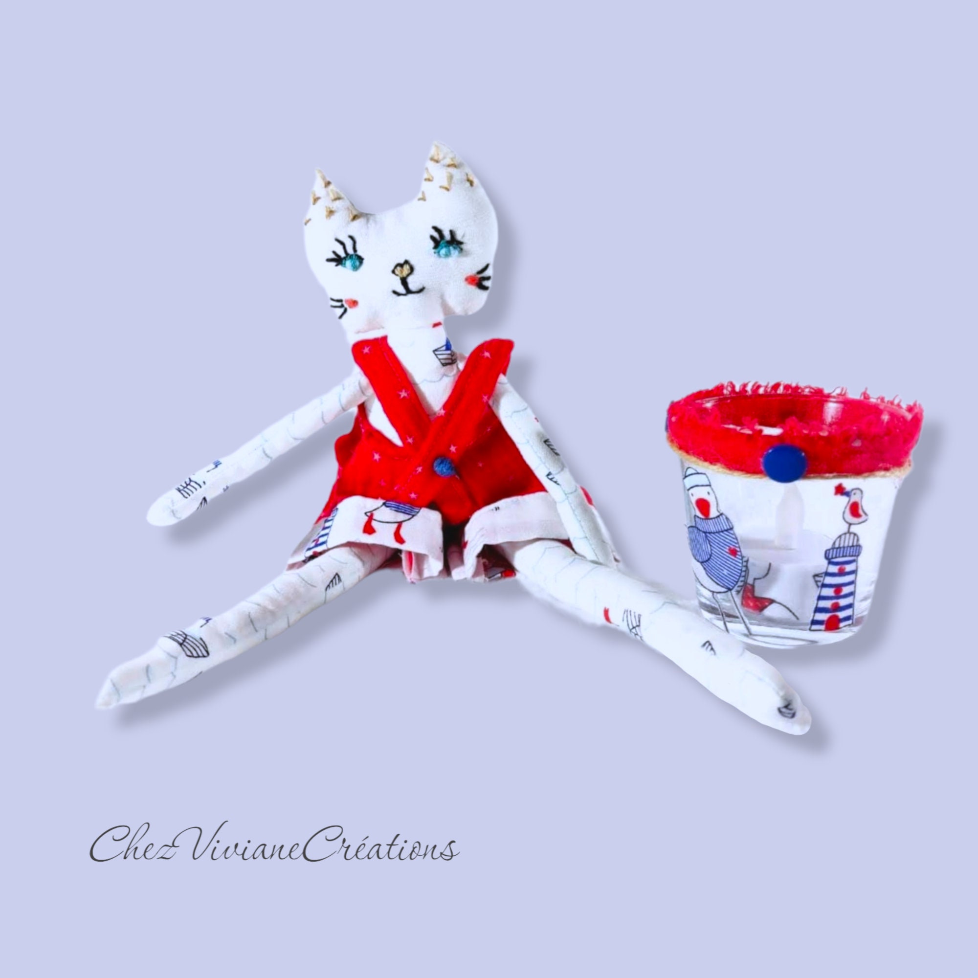Rag Doll Cat Poupée Chiffon Chat de La Collection Les Chatfouins Fait Main Hand Made Jouet Doudou 32