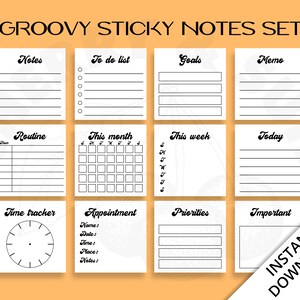May include: A set of 10 printable groovy sticky notes with different headings, including "Notes", "To do list", "Goals", "Memo", "Routine", "This month", "This week", "Today", "Time tracker", "Appointment", "Priorities", and "Important".