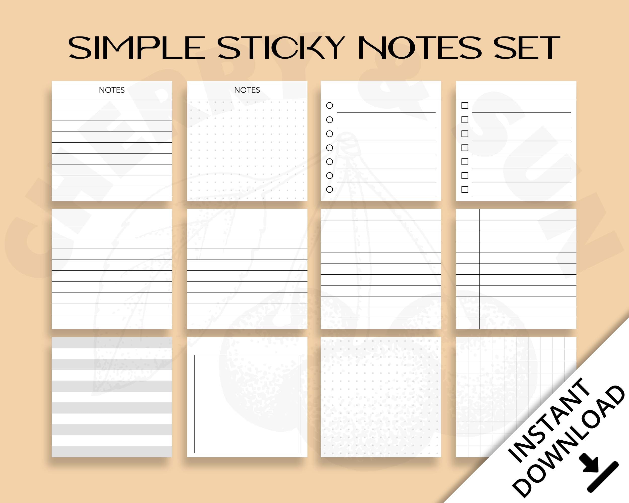 Simple Printable Sticky Notes, Minimalist Design, 3x3 inch, Journal, Bujo, To Do, Monthly Planner, Meal Tracker, Habit, Notebook, Memo pad