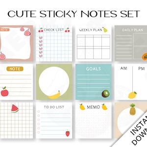 Peut inclure: Un ensemble de 10 notes adhésives mignonnes illustrées de fruits. Les notes sont conçues pour divers usages, notamment la prise de notes, les listes de contrôle, la planification hebdomadaire et quotidienne, la définition d'objectifs, les listes de tâches et les mémos.