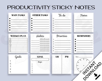 Productivity Sticky Notes Set | Printable | Notepad | Journal | Bujo | Daily Weekly Monthly | Plan | Memo | Tracker | Planner Cards