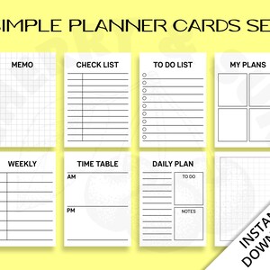 May include: A set of printable planner cards with different layouts, including memo, check list, to do list, my plans, weekly, time table, and daily plan. The cards are black and white with a grid pattern.