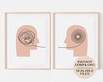 Puede incluir: Dos ilustraciones imprimibles de una cabeza humana de perfil con una línea que se extiende desde la boca. La línea de la primera ilustración es un lío enredado, mientras que la línea de la segunda ilustración es una espiral. Ambas ilustraciones están en blanco y negro sobre un fondo blanco con una silueta de cabeza rosa claro. El texto "INSTANT DOWNLOAD" y "SCALABLE FILES" está en la parte inferior de la segunda ilustración.