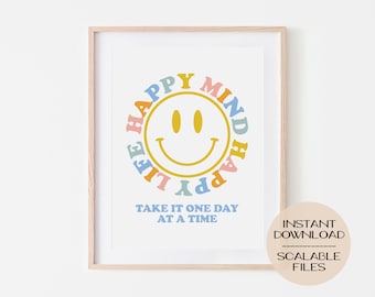 Happy Mind Smiley Face Digital Poster | Wall Art Home Dorm Decor, Minimalist Life Mindfulness Quote Print, Printable, Funky Groovy Aesthetic