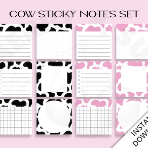 Cow Sticky Notes, Printable, Journal, Bujo, Minimalist Design, 3x3 inch Sticky Notes, To Do, Monthly Planner Cards, Habit, Memo, note