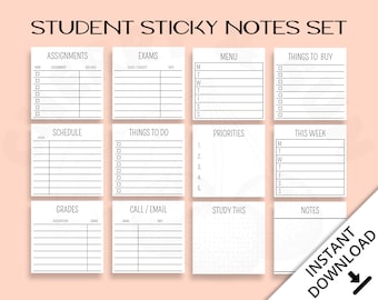 Student Sticky Note | Printable | Minimalist | 3x3 | Journal | Bujo | Neutral | College | School | Notepad | Stationary | Plan | Memo