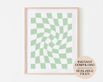 Checkered Pattern Texture Vintage 70&#39;s Digital Poster Print, Danish Wall Art Home Dorm Decor, Pastel Green Minimalist, Funky Retro Aesthetic