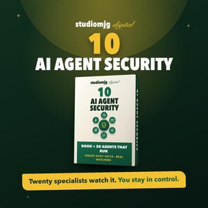May include: A white book titled 10 AI AGENT SECURITY with a green graphic of six icons surrounding a shield. The cover text includes BOOK + 20 AGENTS THAT RUN and OWASP ASI01-ASI10 REAL WATCHERS. A yellow banner below reads Twenty specialists watch it. You stay in control.
