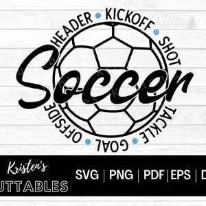 May include: Black and white graphic design of a soccer ball with the word "Soccer" in a stylized font. The words "Header", "Kickoff", "Shot", "Tackle", "Goal", and "Offside" are arranged in a circle around the soccer ball.