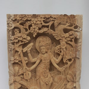 Balinese Handmade Wooden Saraswati Carving 50 cm x 30 cm x 7 cm Wood Carving, Sculpture, Art from Bali Indonesia
