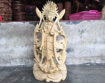 Wooden Kwan Yin Statue, Goddess of Compassion, Hand Carved Buddhist Altar Decor