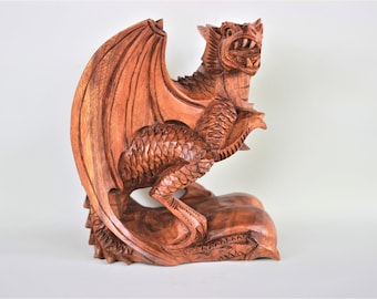 Wooden Dragon Figurine, Fantasy Creature Statue, Hand Carved Power Symbol Gift