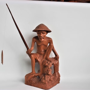 Balinese Handmade Wooden Fishing Grandpa Statue 30x17x11 cm Statue Wood Carving, Sculpture, Art from Bali Indonesia