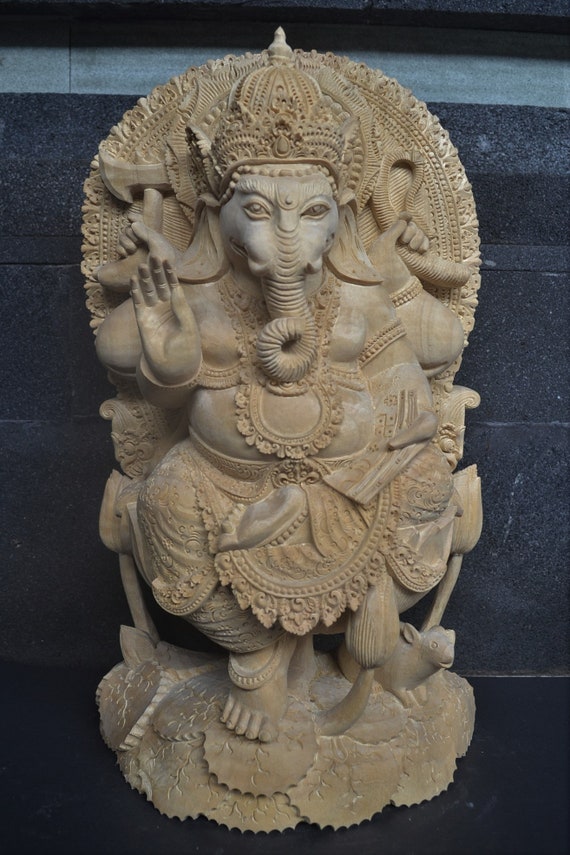 バリの手作りガネーシャ木製像 サイズ 40 cm x 25 cm x 13 cm