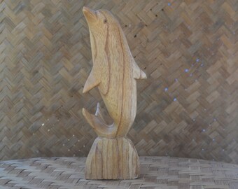 Wooden Dolphin Figurine, Jumping Ocean Animal Statue, Hand Carved Nautical Art Gift