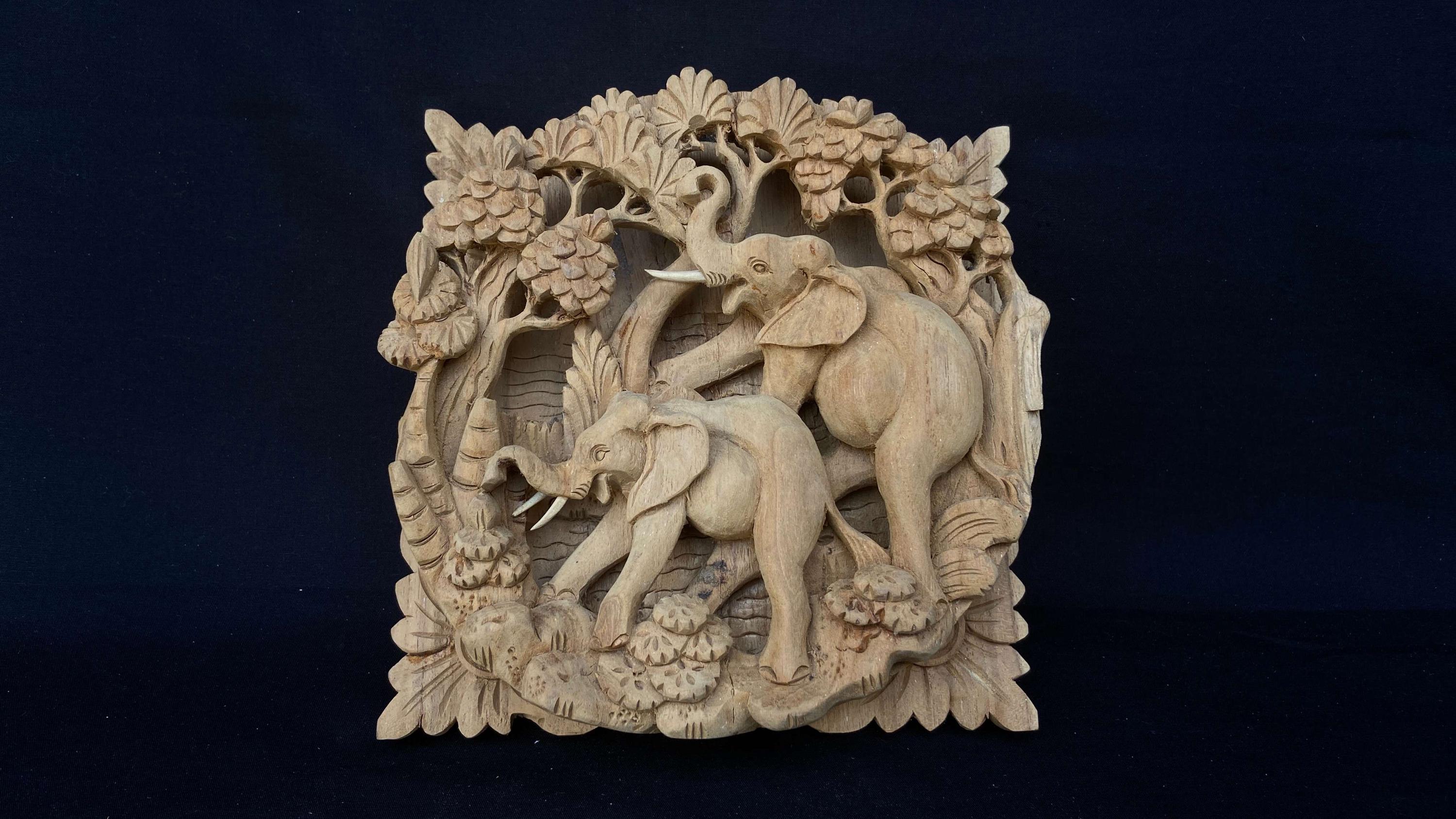 インドネシア 木製象彫刻楕円形プレート 飾り立て付き インドネシア