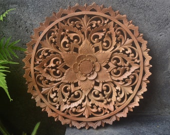 Balinese Carving Wall Hanging Flower Motif Wood Carving, Sculpture, Art from Bali Indonesia