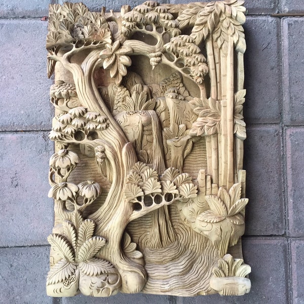 Balinese Handmade Wood Landscape Carving 48x32.5x7 cm Wood Carving, Sculpture, Art from Bali Indonesia