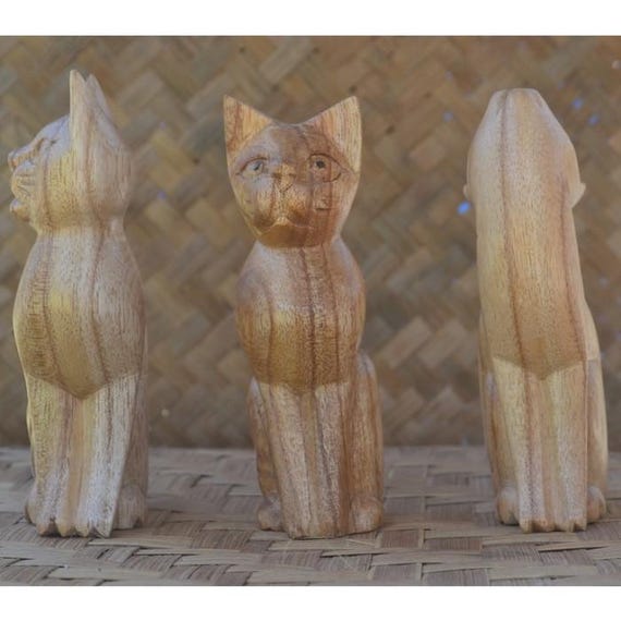 猫の置物3体セット、木製彫刻、バリの猫好きへのギフト、デスク装飾 