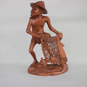 Balinese Wooden Fisherman Sculpture Size 30 cm x 15 cm x 10 cm Wood Carving, Sculpture, Art from Bali Indonesia
