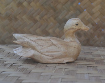 Wooden Duck Figurine, Hand Carved Swimming Duck, Rustic Cottagecore Decor Gift, Balinese Art