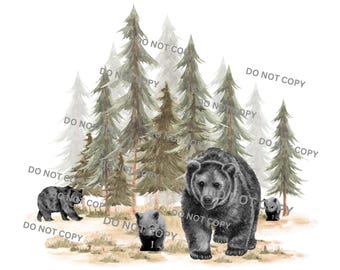 May include: A watercolor illustration of a mama bear and two cubs walking through a forest. The bears are black and gray, and the forest is green and brown.